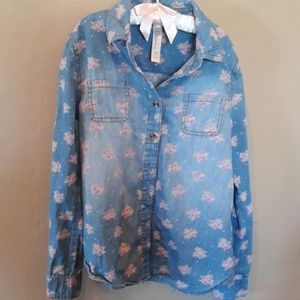 Girls Denim & Floral Button Up Top